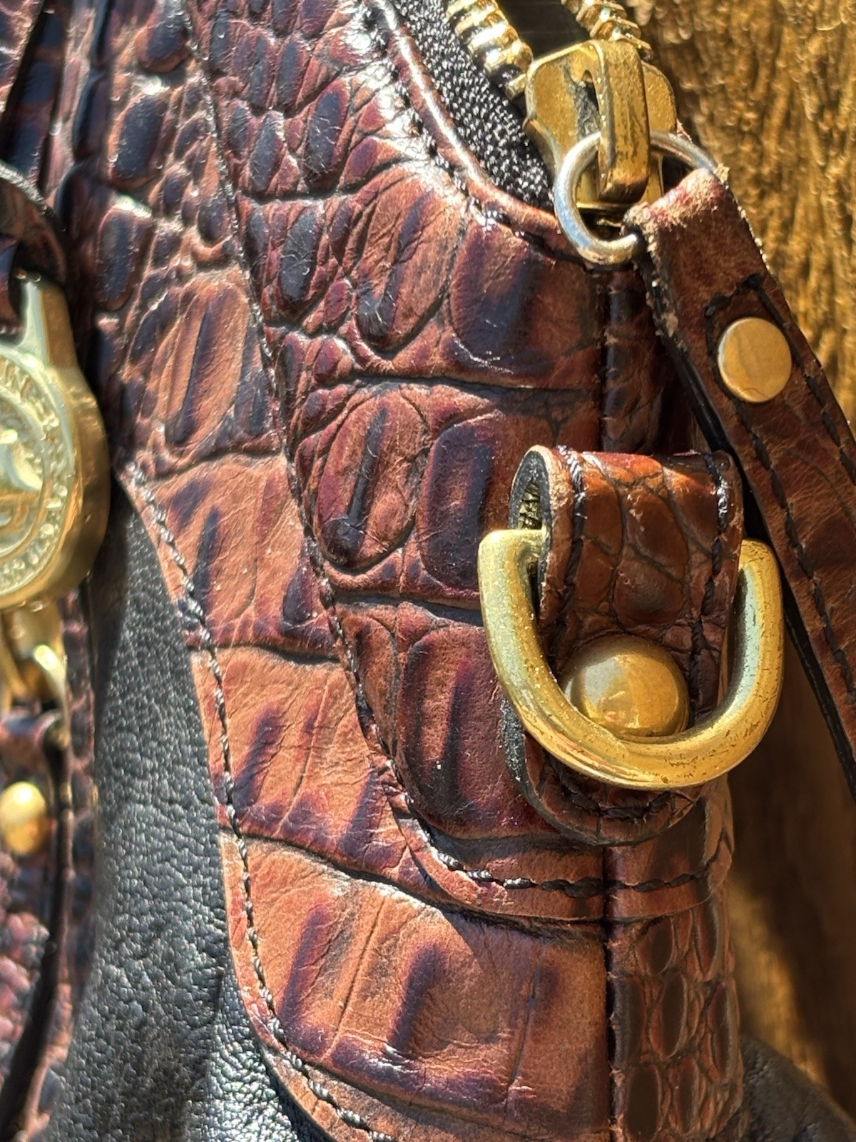 Brahmin Brown/Black Croc-Embossed Satchel Top Handle Zip, Gold Hardware
