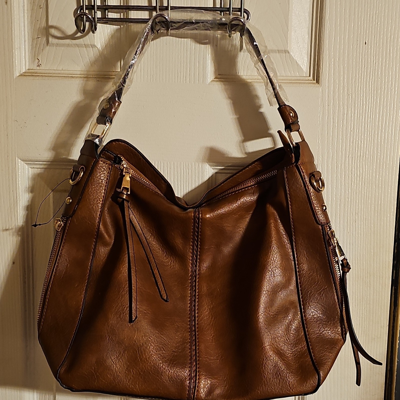 Brown Shoulder Bag Zipper Stitching Accent Detachable Strap Pouch Gold Hardware