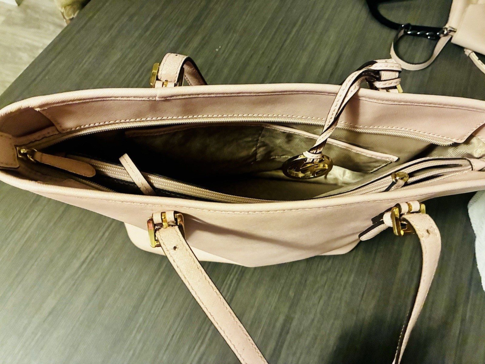 Michael Kors Pink Large Tote Zip Top Gold Tone MK Charm Double Handles Pockets