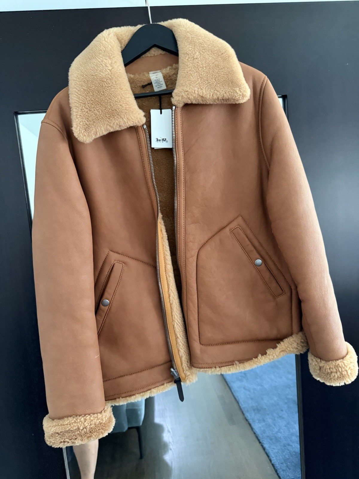 Coach Men’s Brown Shearling Lined Zip Bomber Jacket L 38″