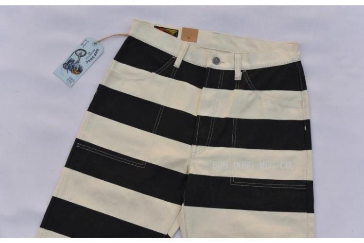 BOB DONG Retro Prisoner Striped Motorcycle Pants Men Casual Biker Trousers Thick