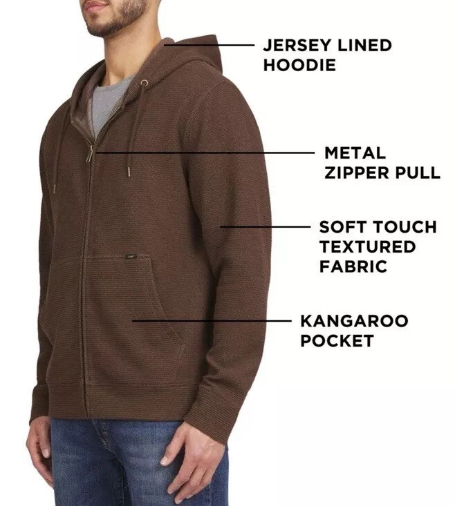 Lee Men’s Full Zip Textured Hoodie Size Small Regular Fit Brown Bark