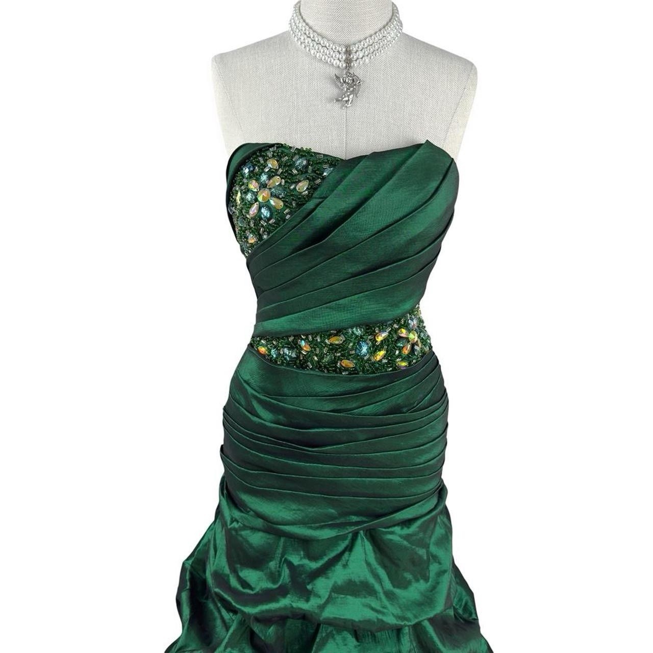 Vintage 90s Green Strapless Beaded Draped Taffeta Mermaid Evening Prom Gown 8