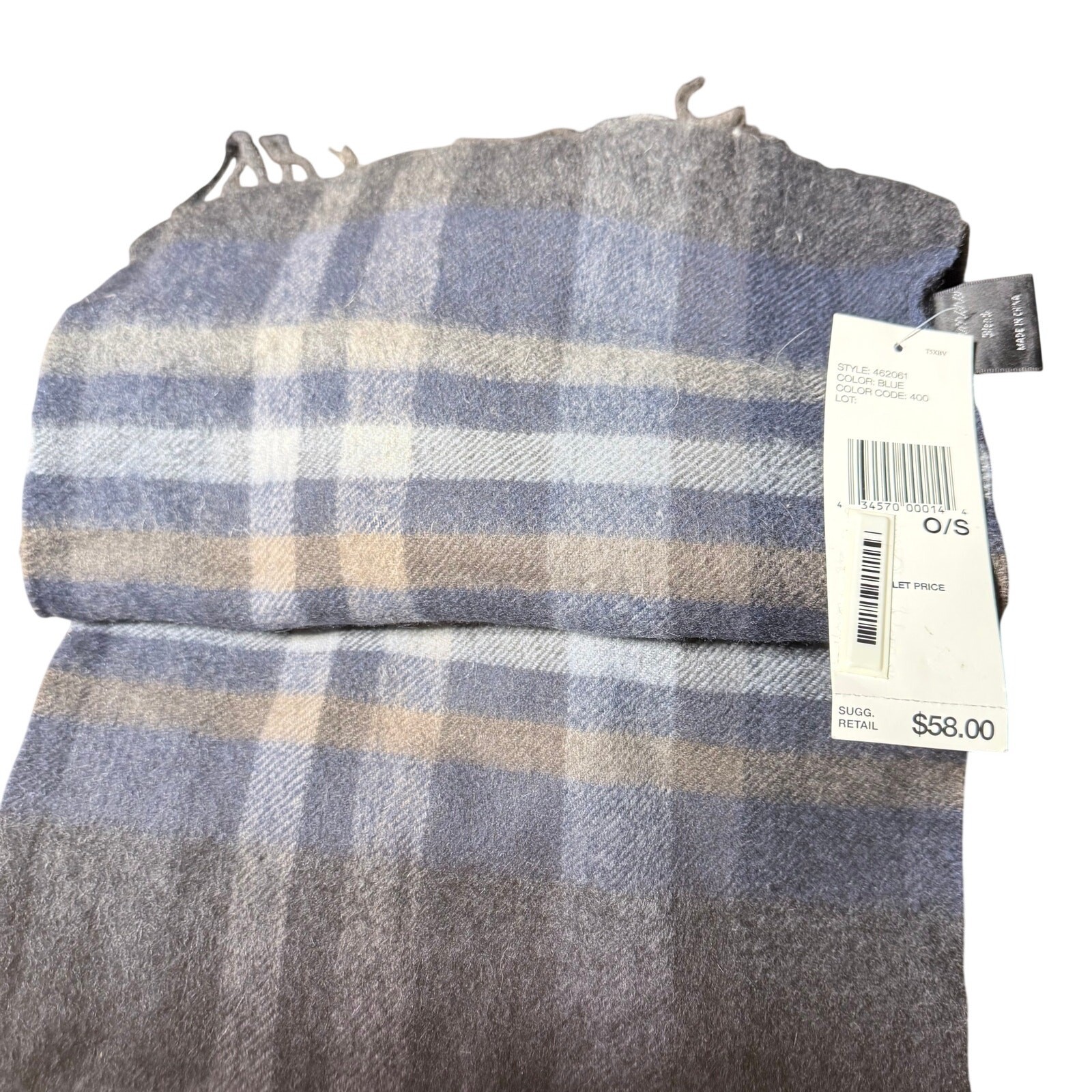 DKNY Luxury Blue/Gray Plaid Scarf – 90% Wool 10% Cashmere – Made in Italy NWT