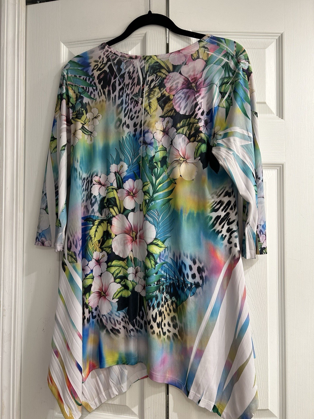 Cactus Tropical Orchids Tunic Top~Embellished~Traveler knit~38 bust~Asymmetric~S