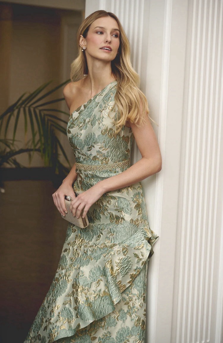Adrianna Papell One Shoulder Beaded Metallic Jacquard Floral Long Gown Size 16