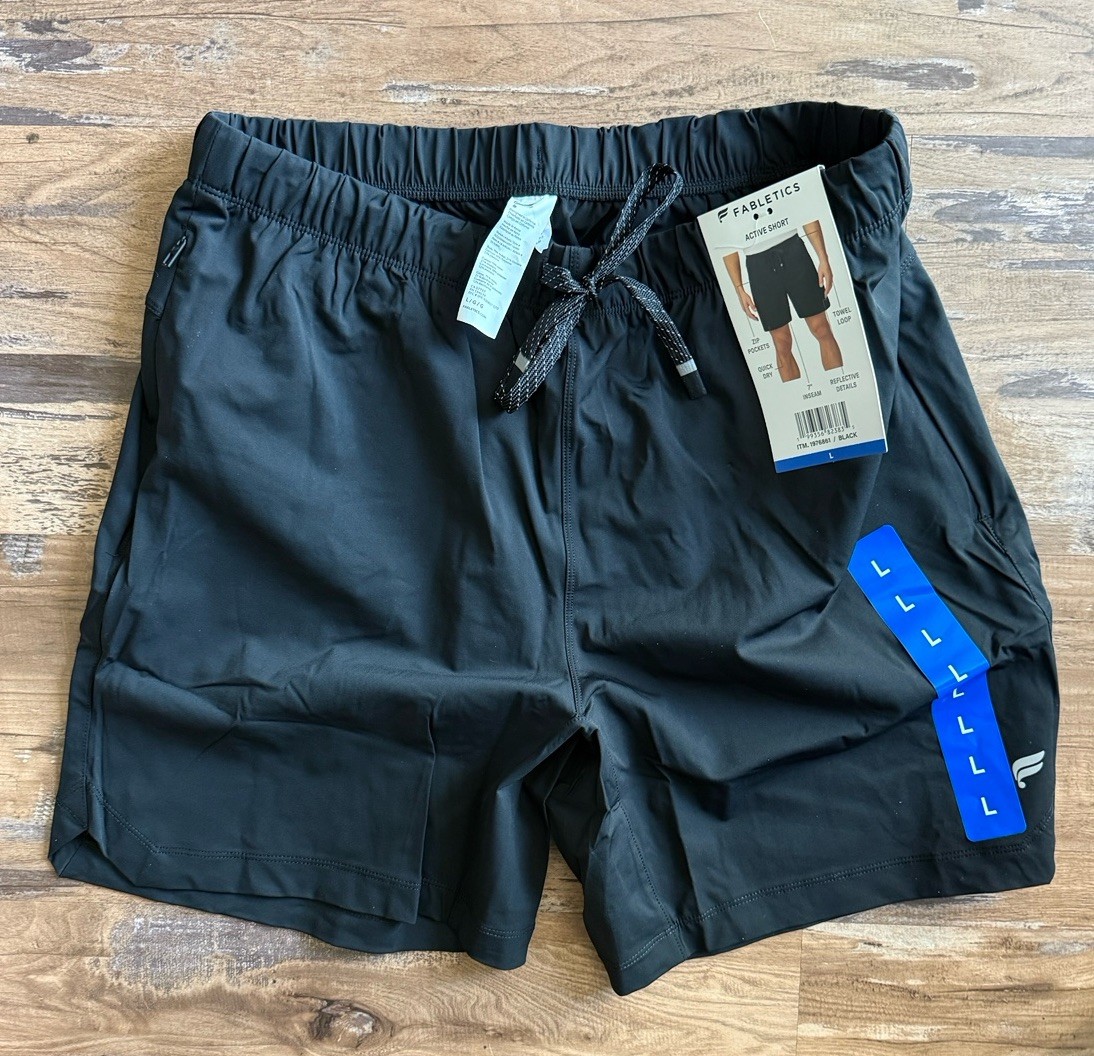 Fabletics Men’s Active Shorts Black Large 7” Inseam NWT Quick Dry Zip Pocket