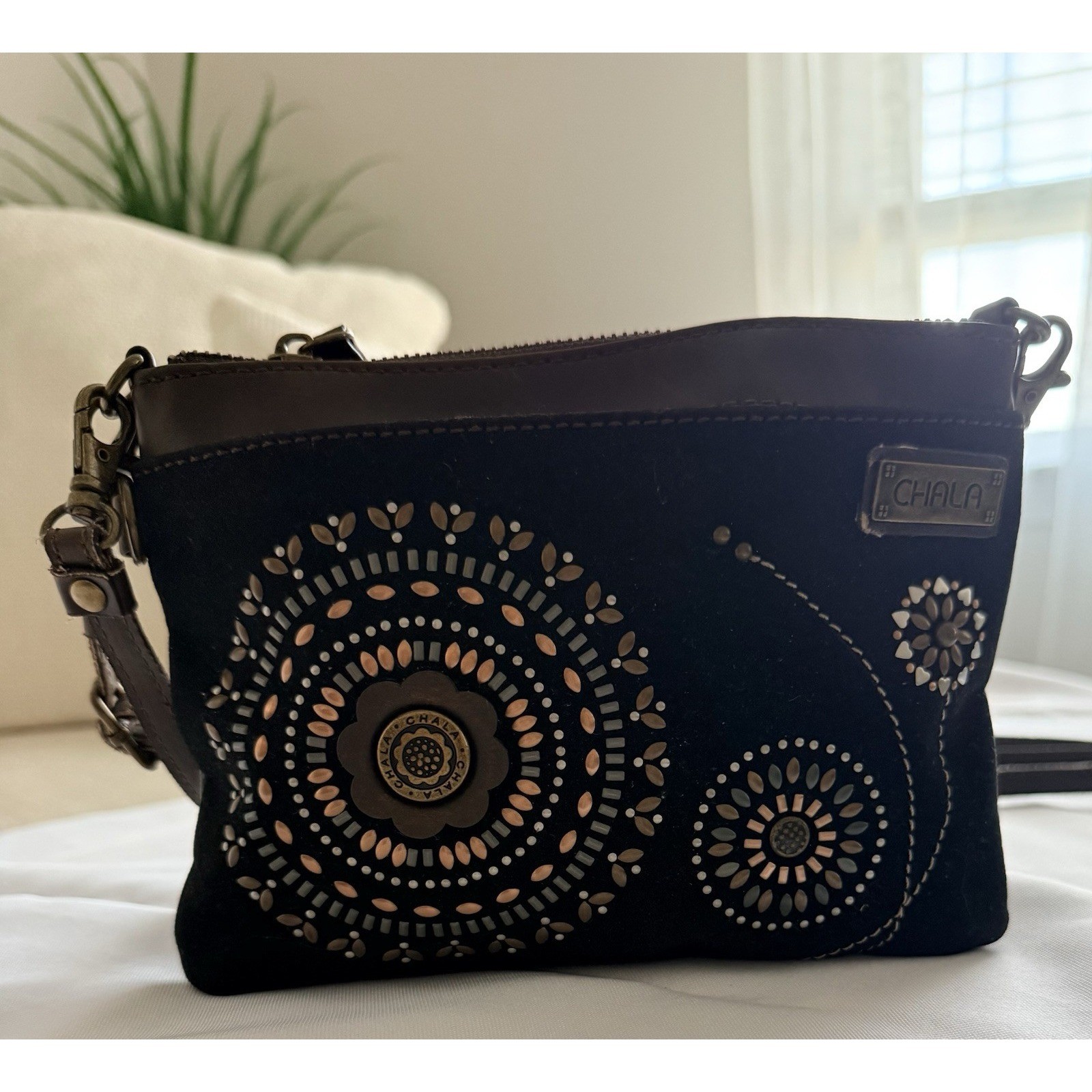 Chala Black & Brown Floral Medallion Crossbody Bag, embroidered