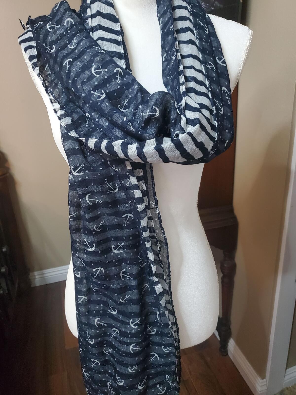 Wrapables Navy Blue and White Anchor Pattern Lightweight Scarf