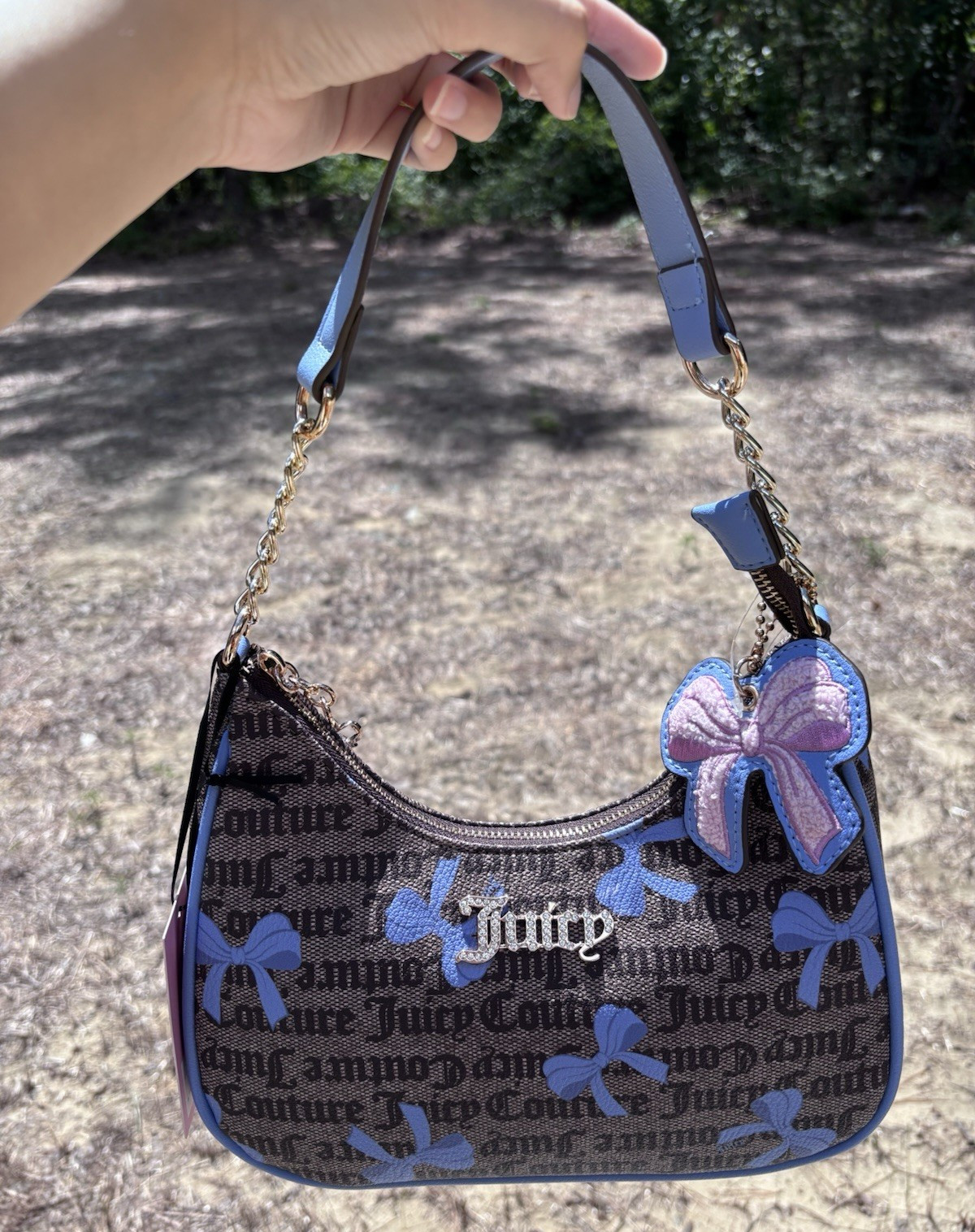 Juicy Couture Brown/Blue Logo Bow Print Small Shoulder Bag Chain Strap Zip Charm