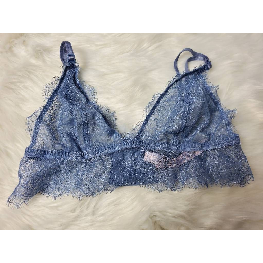 Victorias Secret Womens Bralette Bra Blue Wire Free Lace Normal Strap S