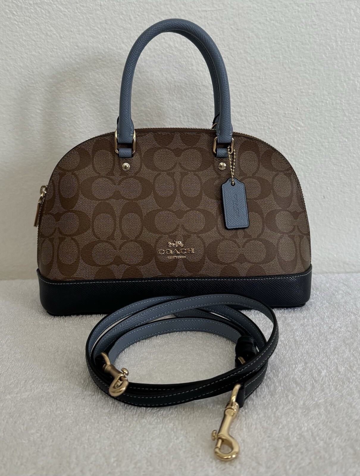 COACH Mini Sierra Satchel Logo Khaki /Midnight Pool / Brown Leather Bag $295 NEW