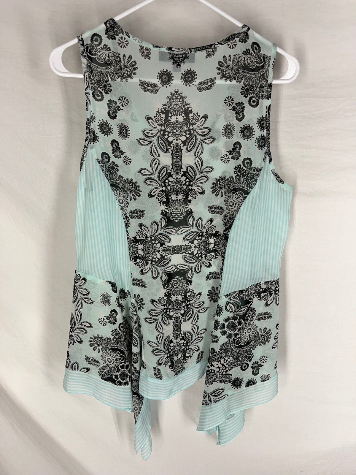 KAREN KANE Blouse Large Blue Floral Sheer Top Shirt Asymmetric Resortwear Casual