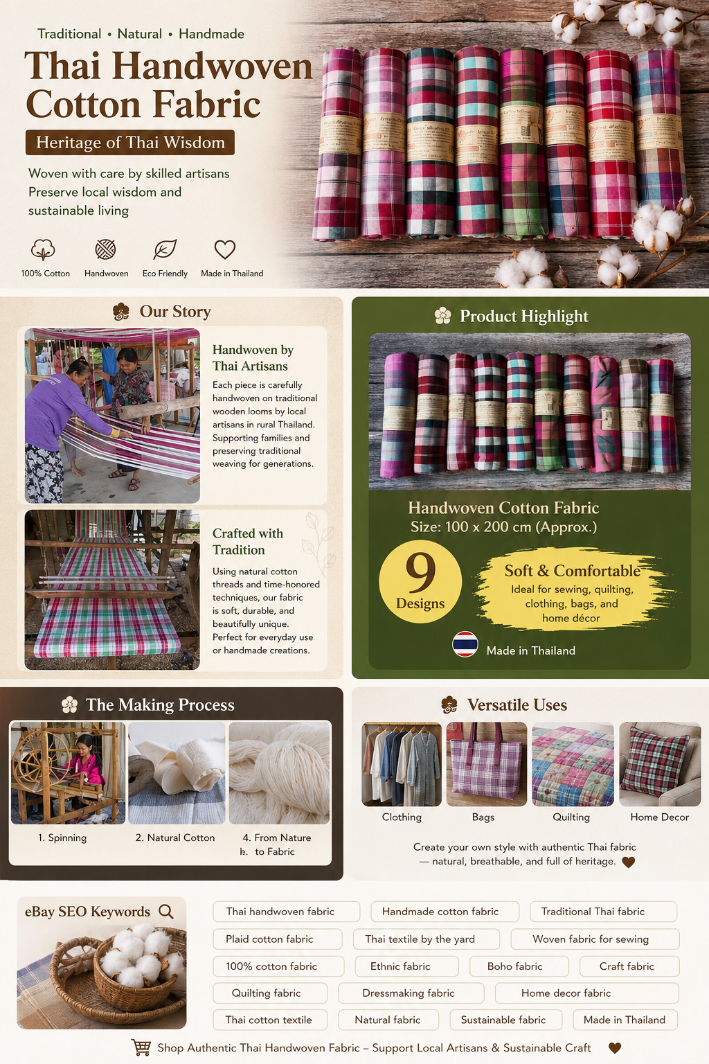 Cotton Plaid Ethnic Handwoven Authentic Thai Traditional Fabric Pha Khao Ma 100