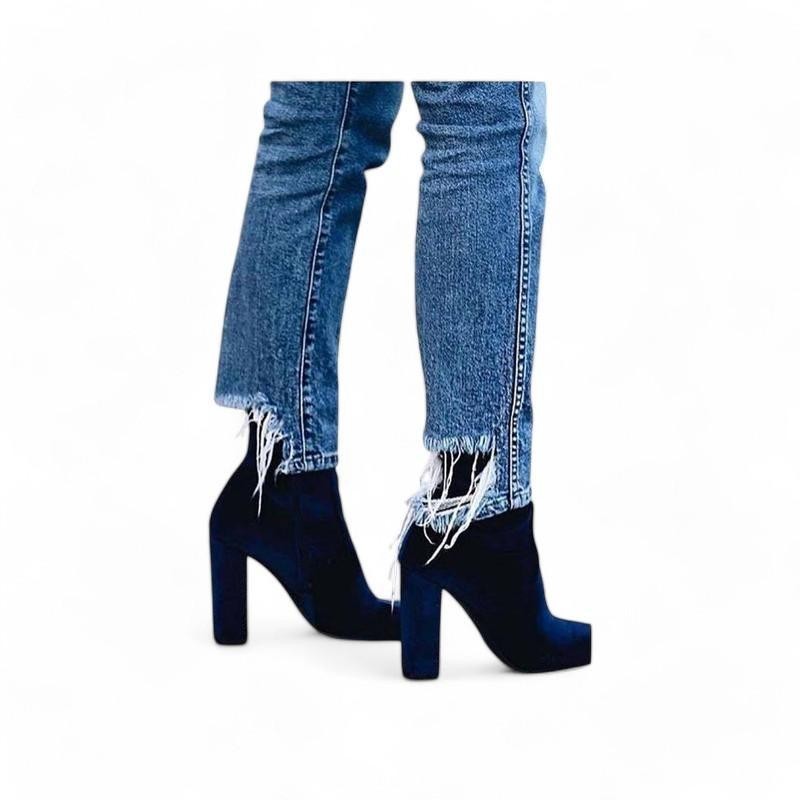 Steve Madden Blue Velours Ankle Boots Block Heel Booties Size US 5.5 EU 35.5 NIB