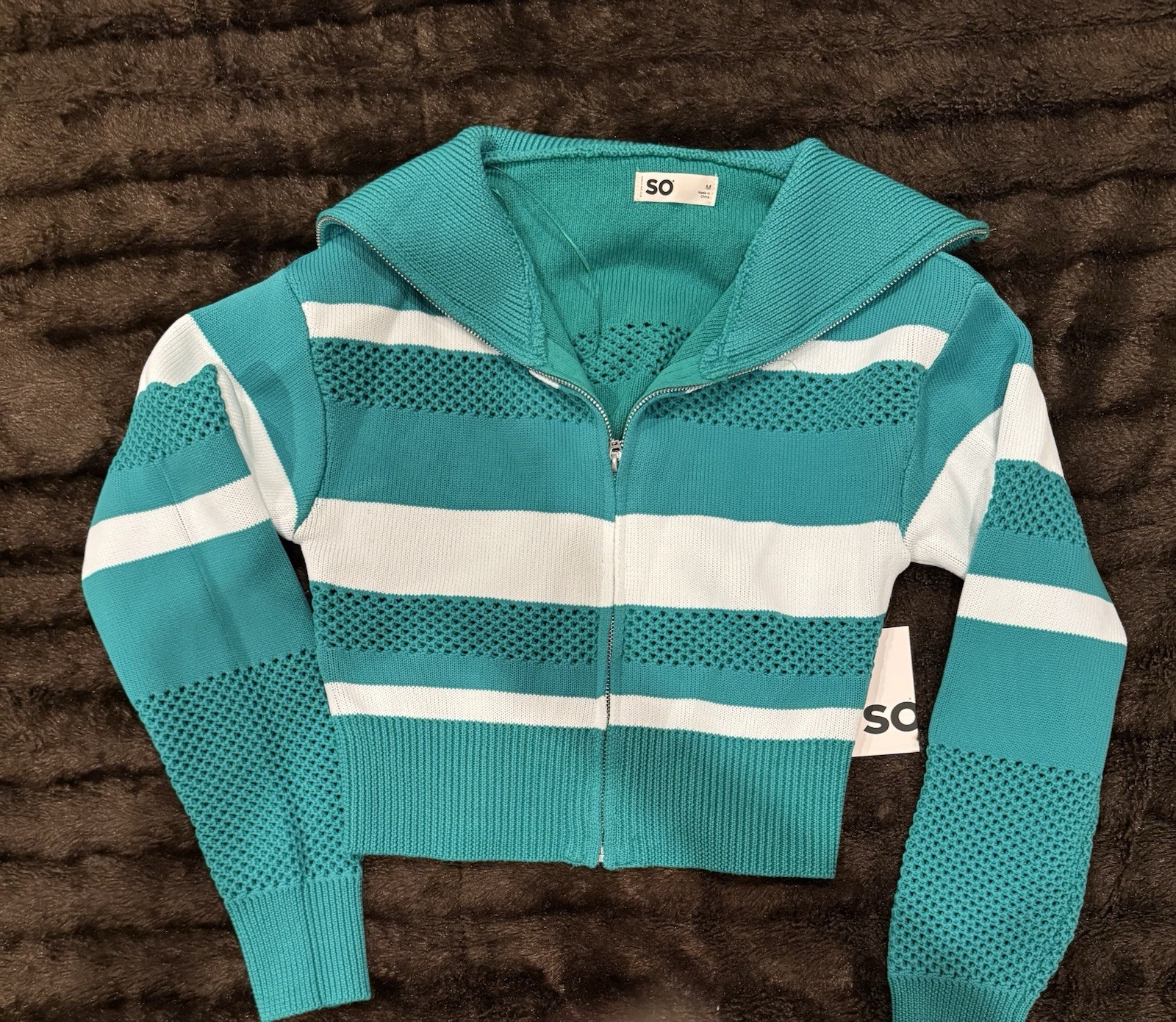 So Green and White Striped Zip-Up Sweater with Mesh Accents Womens size medium