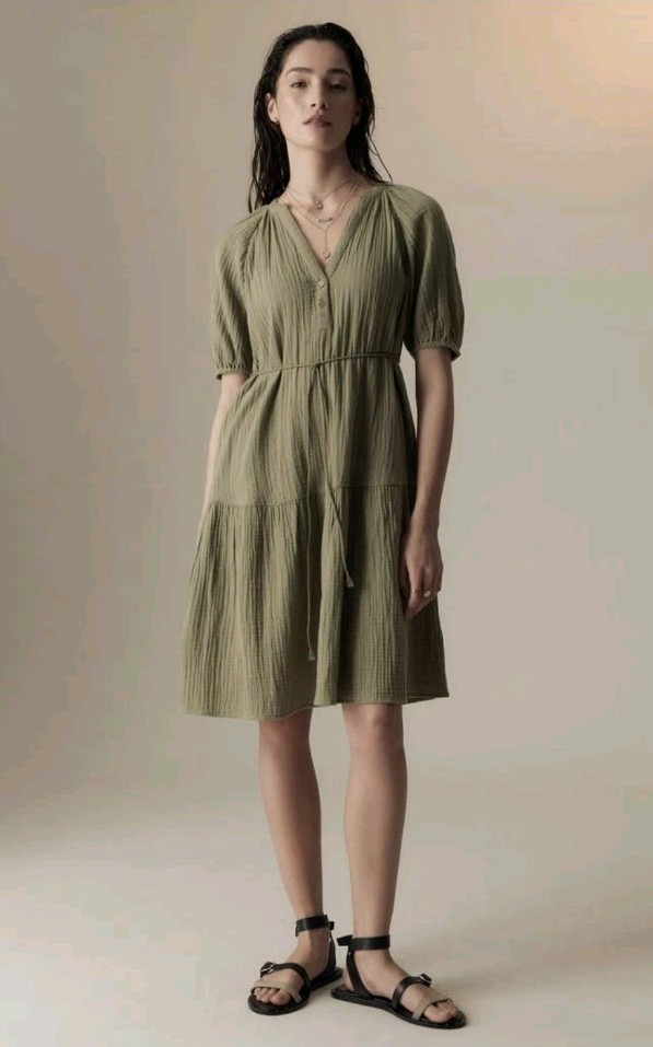 Marks & Spencer Per Una Pure Cotton Textured Notch Neck Tiered Khaki Dress Sz12