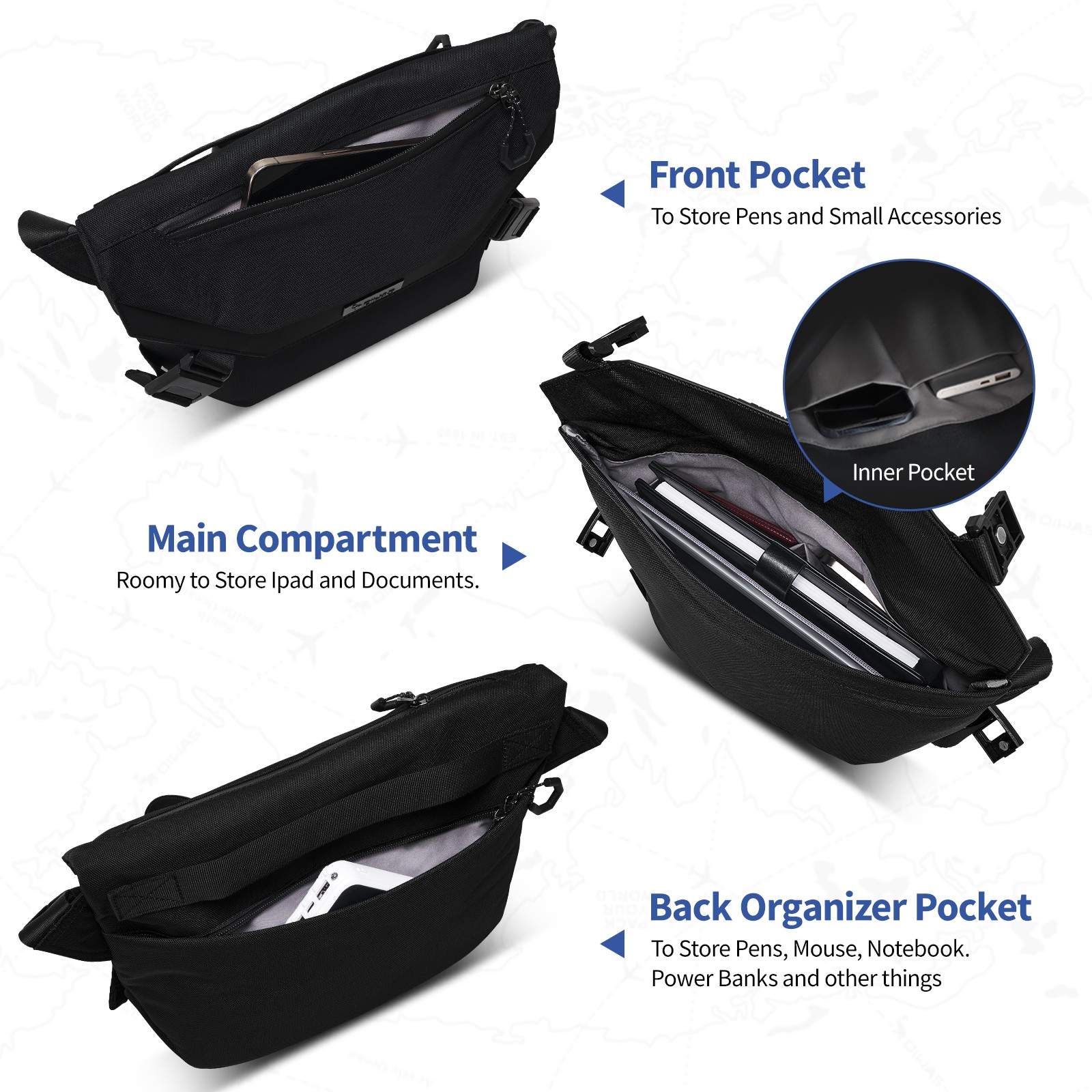 OIWAS Black Messenger Bag Men Crossbody Bag Shoulder Bag 10″ Ipad School Stachel