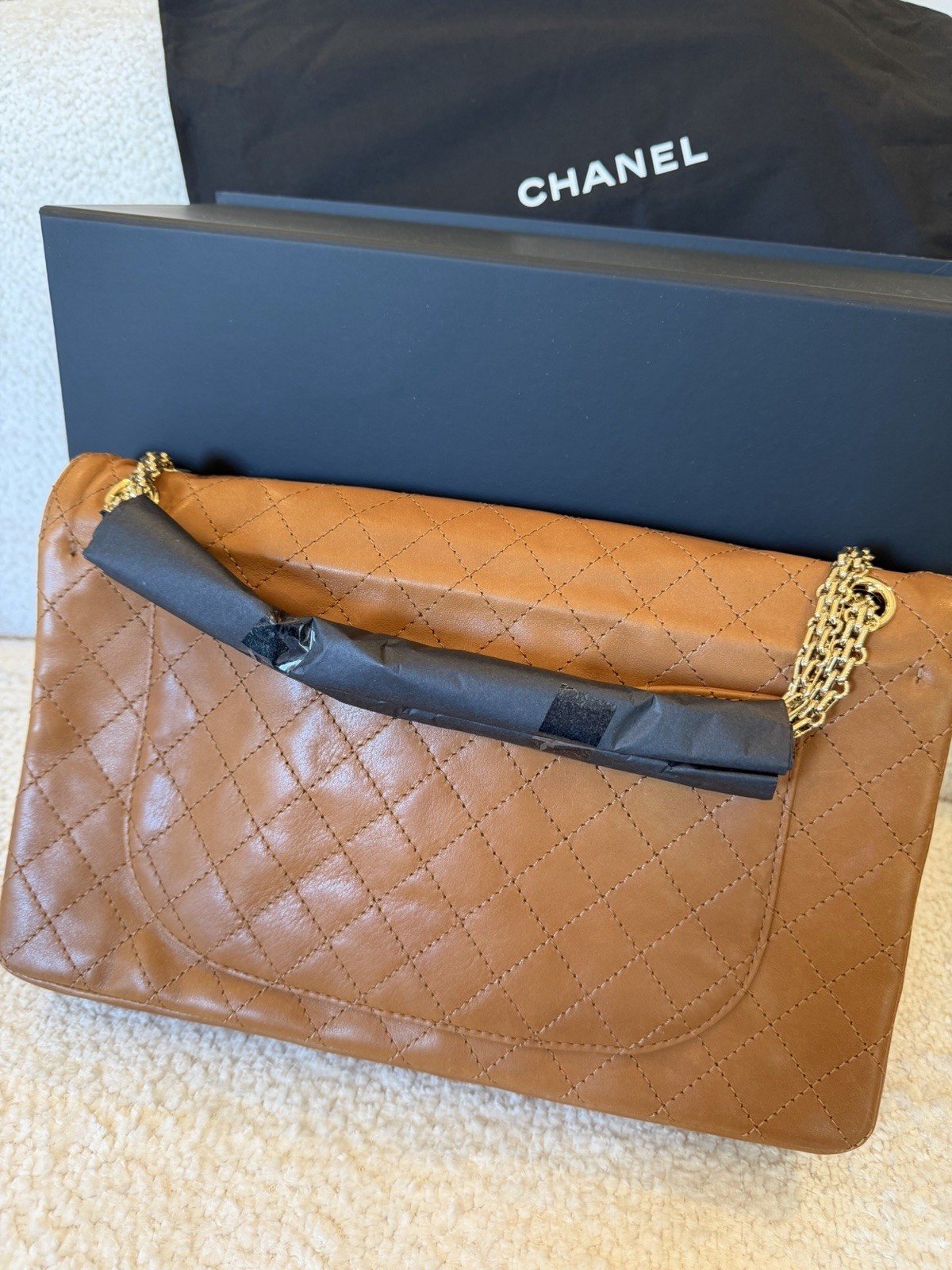 CHANEL Brown Quilted Flap Shoulder Bag Turn Lock Gold Chain Medium w/Box