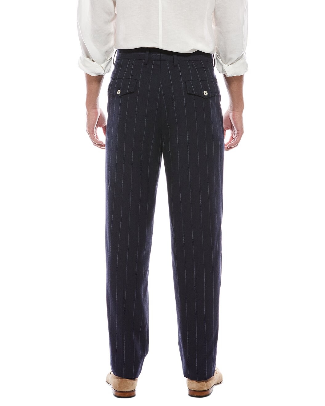 BRUNELLO CUCINELLI MEN’S NAVY WOOL PINSTRIPE TROUSERS MSRP $1430