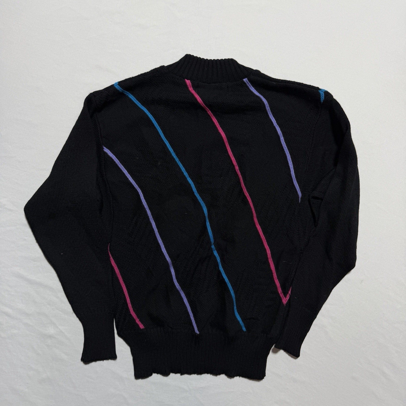 Vintage 80s Diagonal Stripe 100% Wool Crewneck Sweater Black Neon Pink Blue S