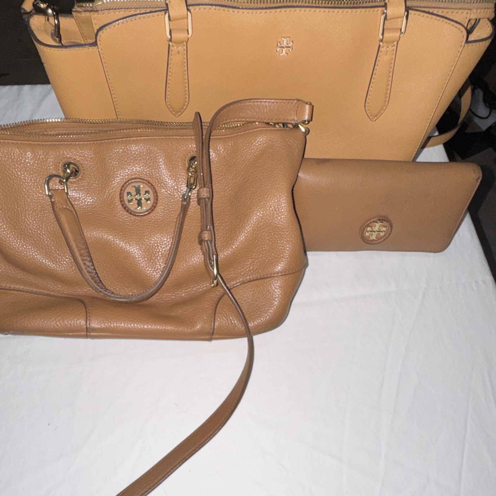 Tory Burch Brown Pebbled Zip Tote Detachable Strap Zip Wallet Gold Hardware