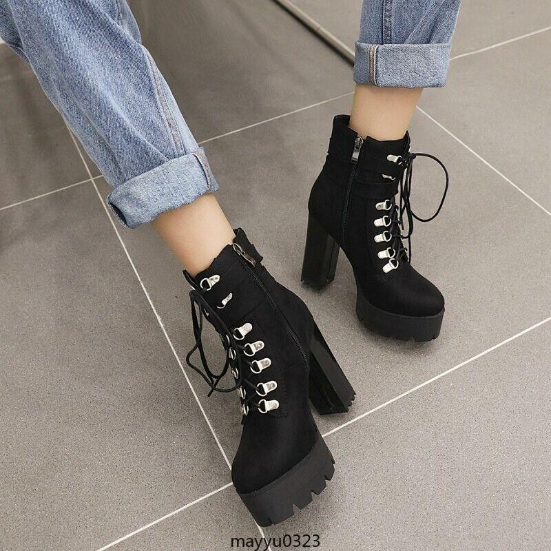 Women’s Ankle Boots HIgh Chunky Heel Shoes Platform Lace Up Zip Buckle Oversize