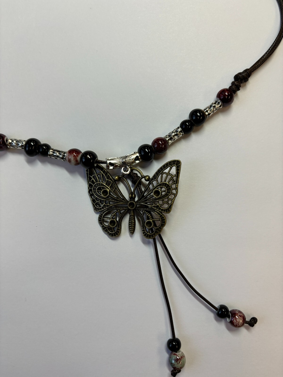 Black White Bead Silver Butterfly Pendant Charm Blessing Vintage Necklace