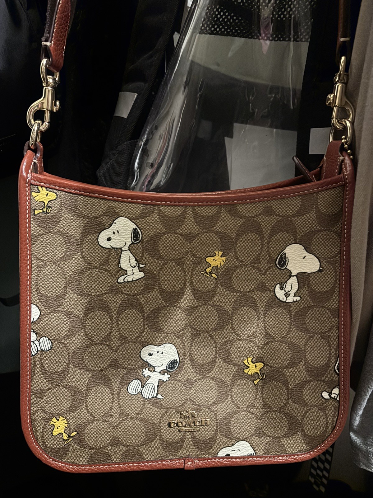 Coach X Peanuts Dempsey File Bag Signature Canvas With Snoopy Woodstock Print
