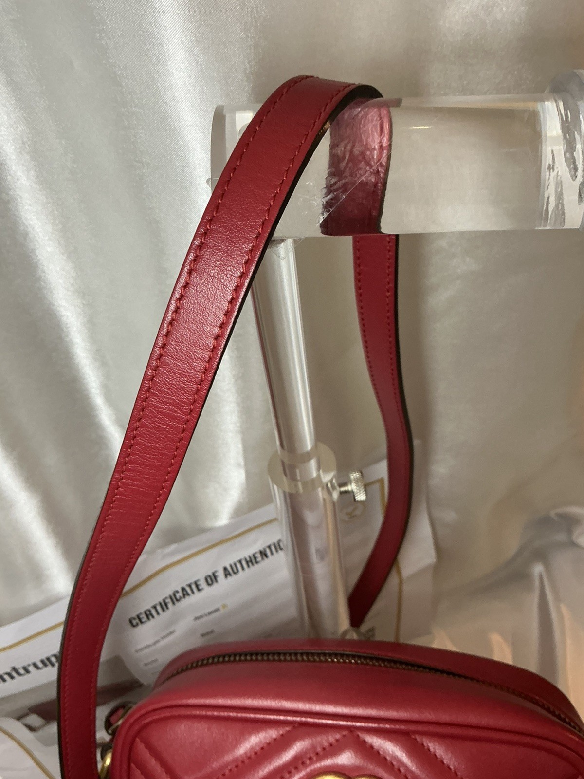 Authentic Gucci GG Marmont 2.0 Red Leather Chevron Camera Crossbody w COA