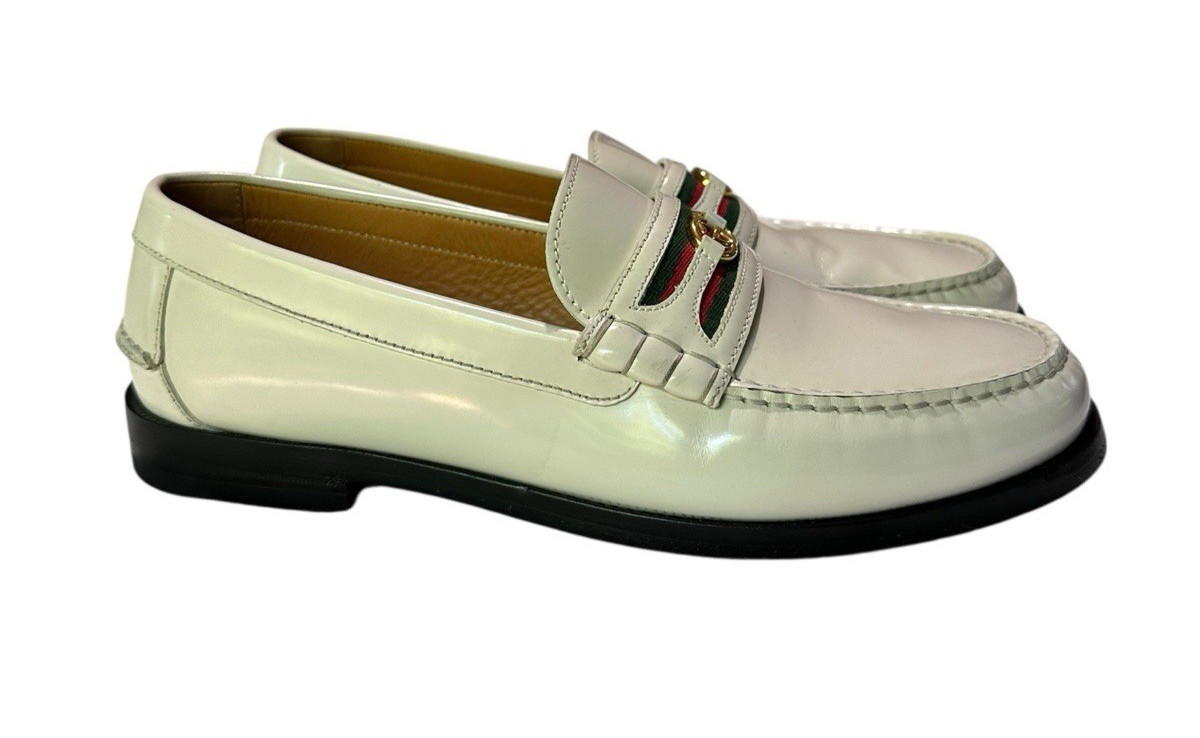 Men Genuine GUCCI Kaveh Webbing White Leather Loafers Shoes GG logo 9.5 US