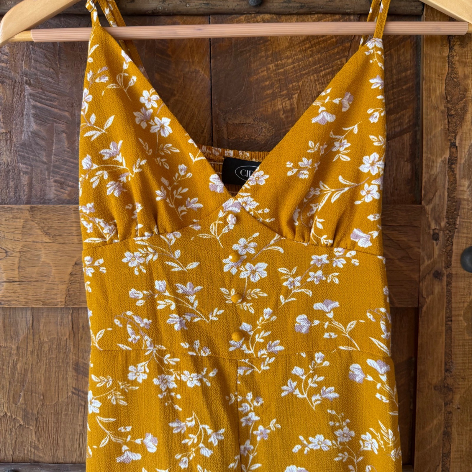 Cider Mustard Yellow Floral Romper V-Neck Smocked Back Ruffle Hem Buttons Small