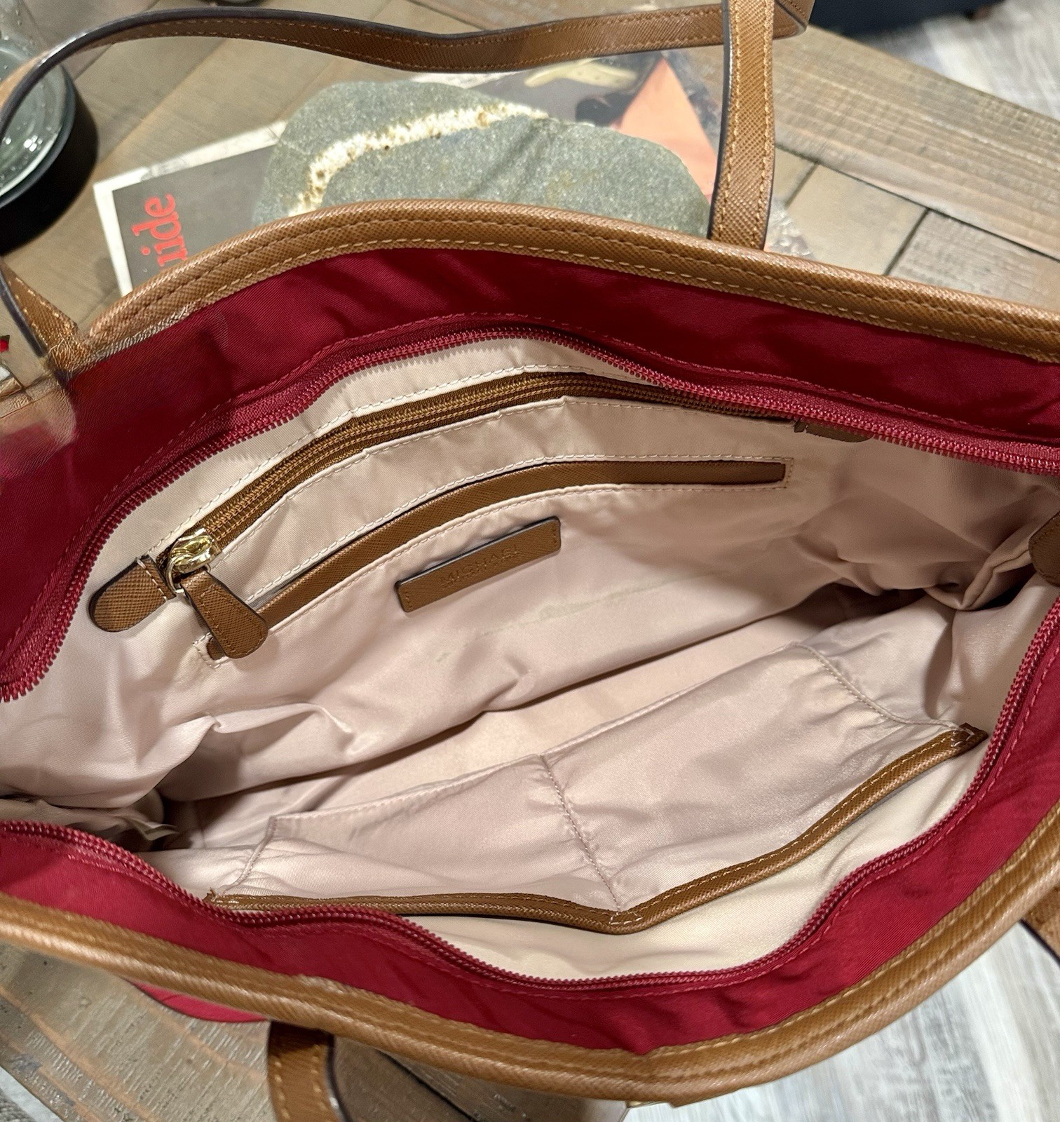 Michael Kors Red Tote Double Handles Zip Top Inner/Outer Pockets Gold Hardware