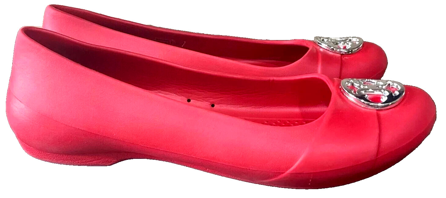 Crocs Shoes Womens Gianna Medallion Red SlipOn Ballet Flats Silver Disc~9 M