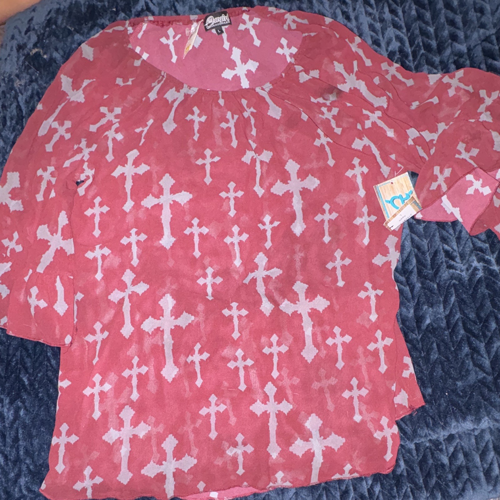 Cowgirl burgundy/gray Cross Print Blouse Ruffle 3/4 Sleeve Round Neck Size L