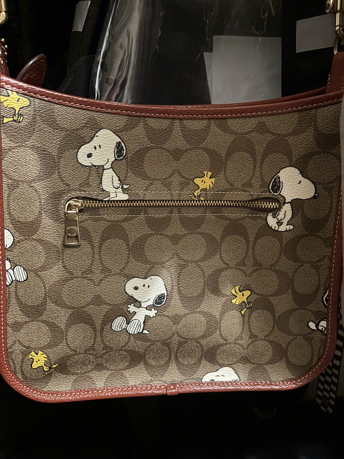 Coach X Peanuts Dempsey File Bag Signature Canvas With Snoopy Woodstock Print