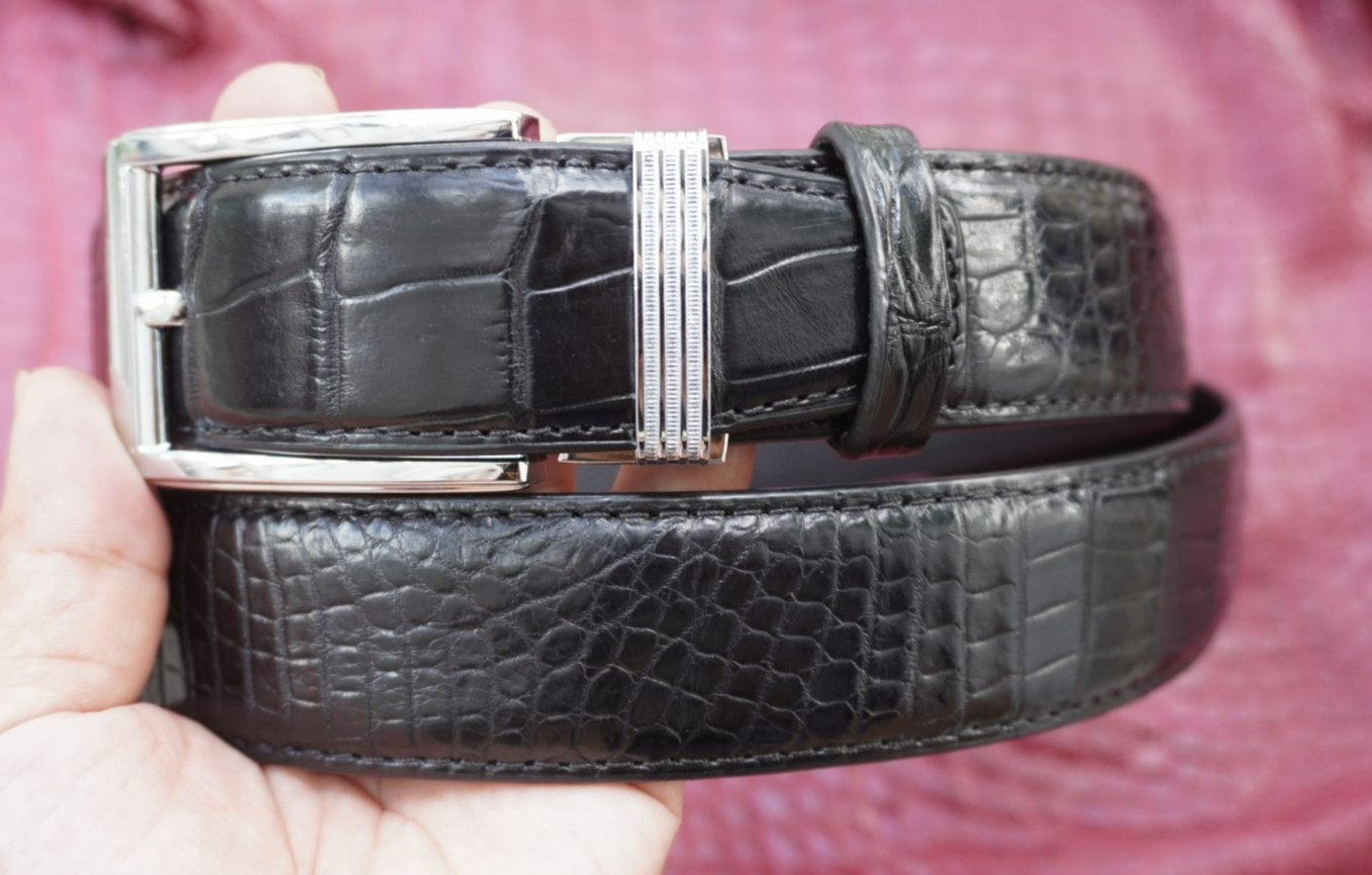 W1.3 inch Black Genuine Crocodile Belly Leather Skin Men’s Belt Plus Buckle #E20