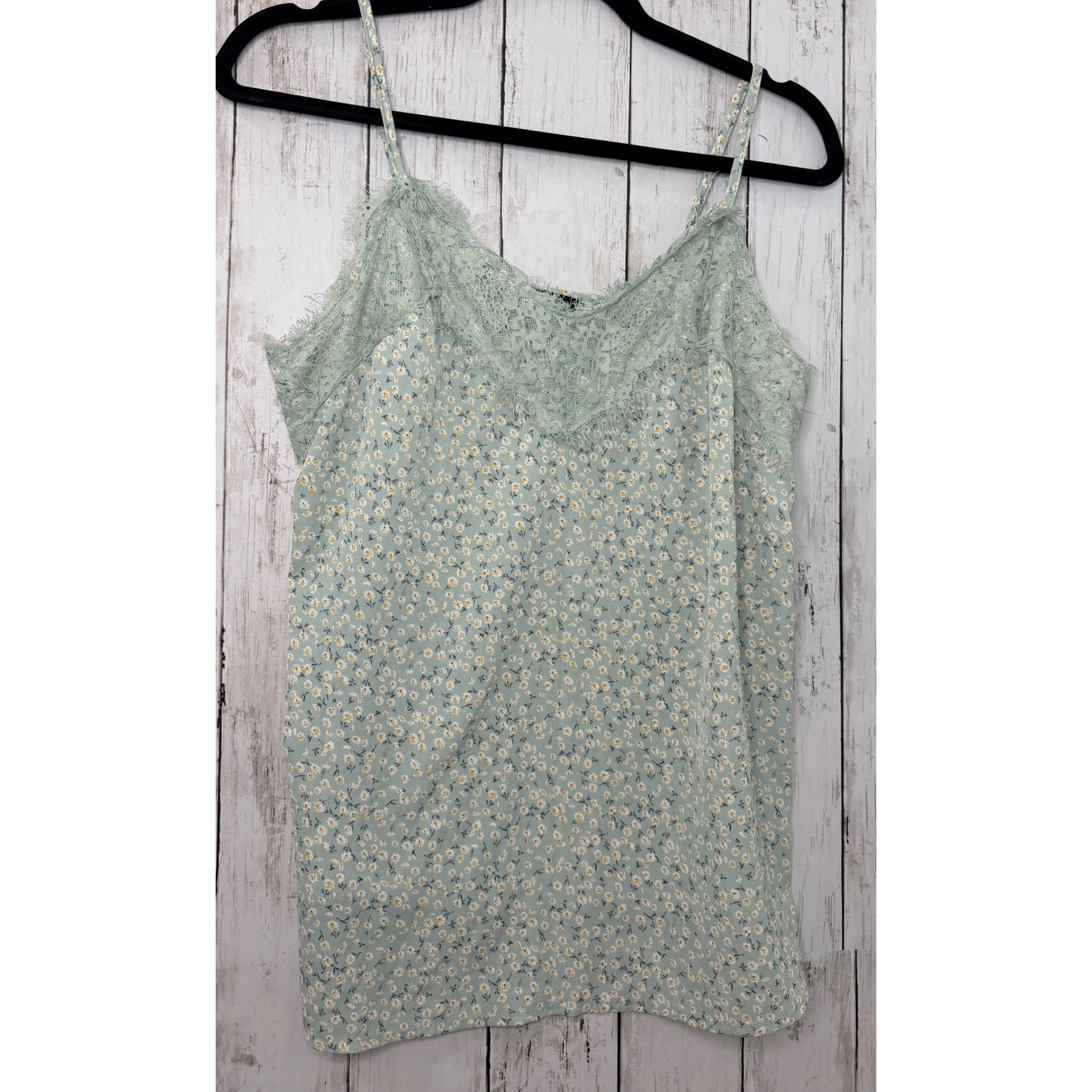 Papaya Sage Green Floral Daisy Lace Trim Camisole Top Large Adjustable Straps