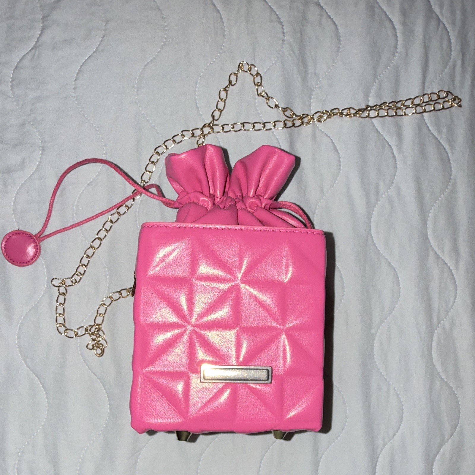 Pink Quilted Mini Crossbody Bag Drawstring Closure Gold Chain Detachable Strap