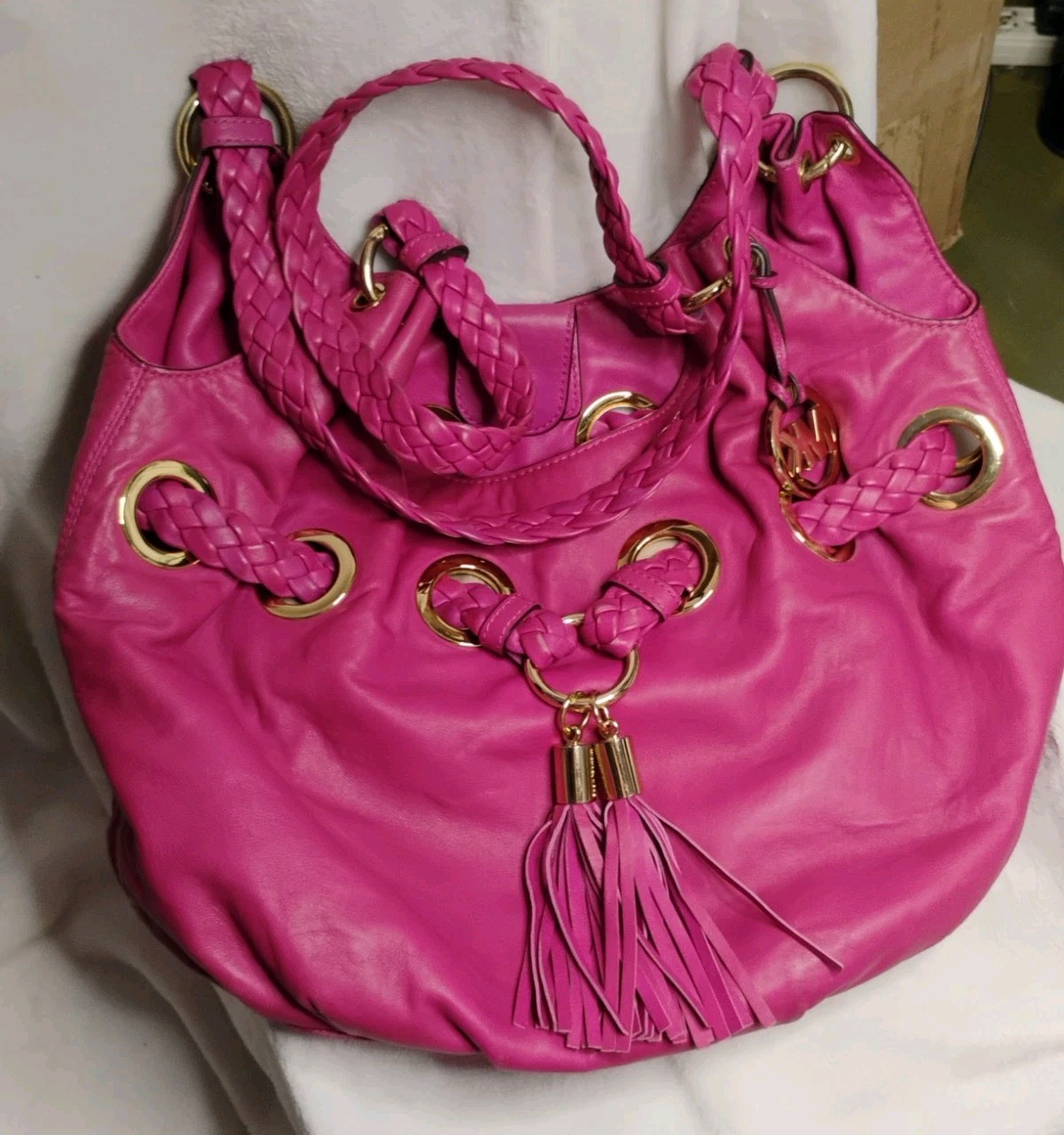 MICHAEL KORS Hot Pink Large Shoulder Bag Braided Handles w/Tassel Grommets!