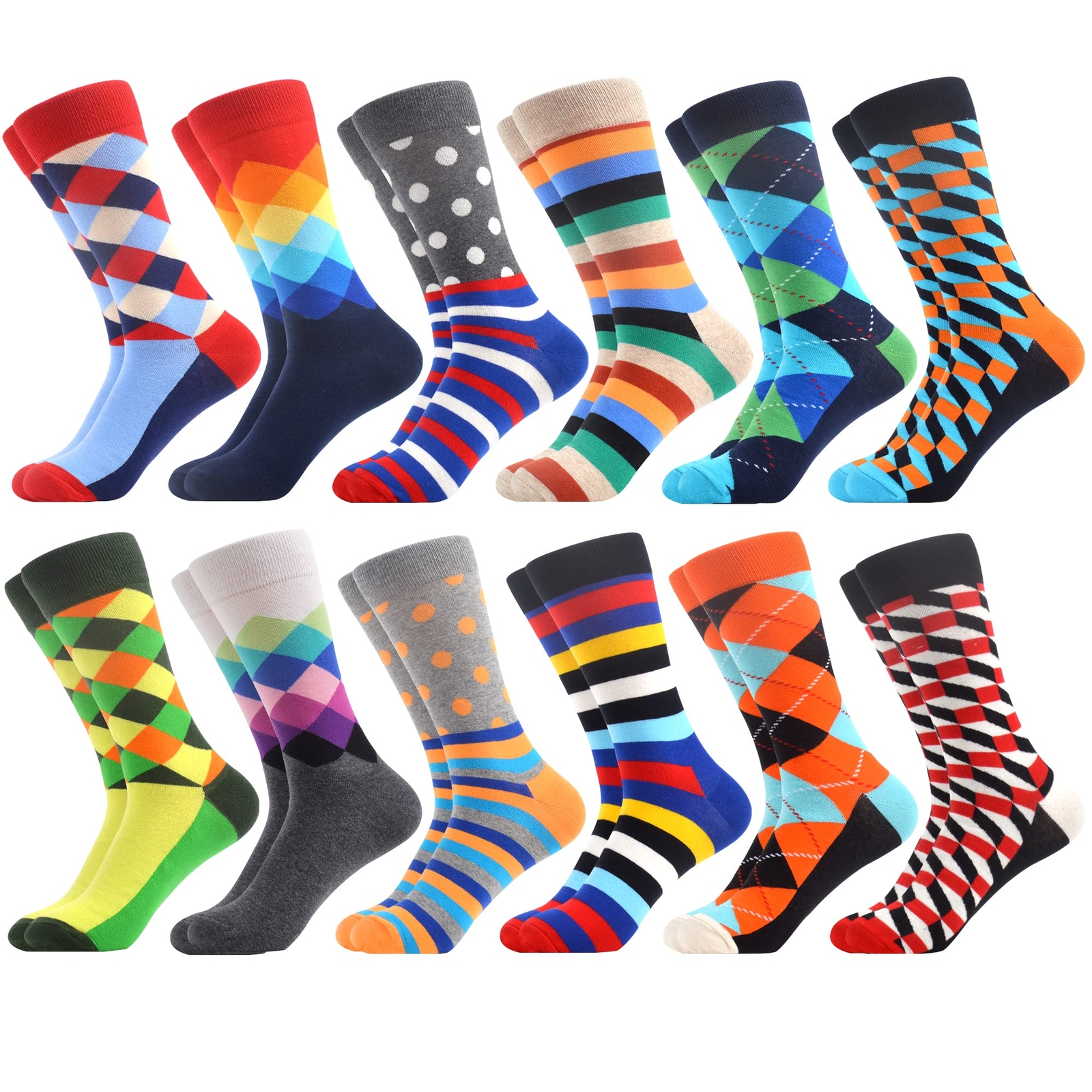 Men’s Dress Colorful Cotton Crew Socks 12 Pack Sizes 9-11/10-13/12-16
