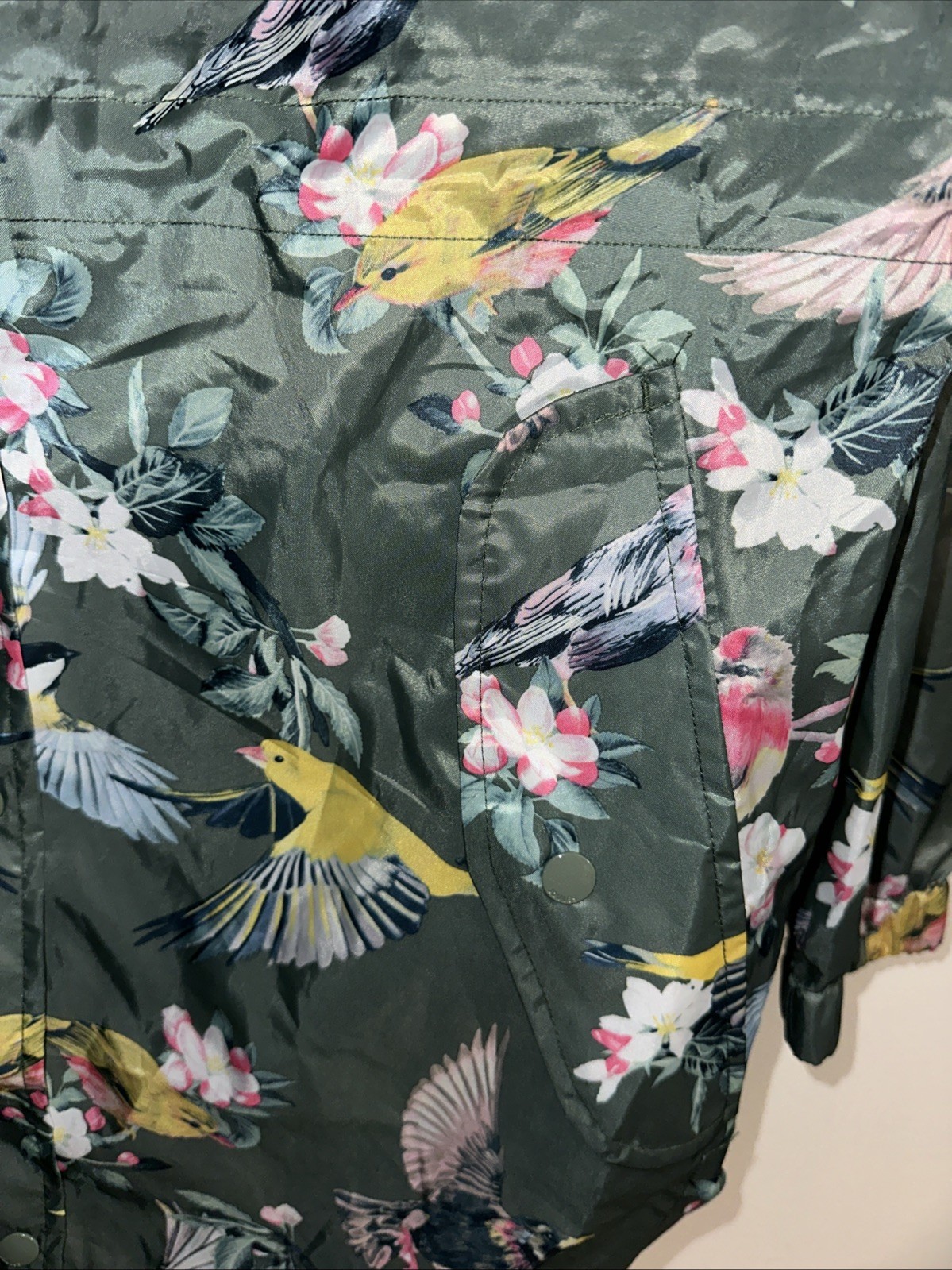 Womens Right As Rain Joules Raincoat Green Floral Birds Sz 8
