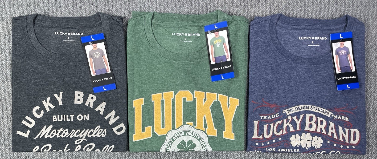 Lucky Brand Men’s LARGE Or XL Lot of 3 Graphic Tees in 3 Colors NWT