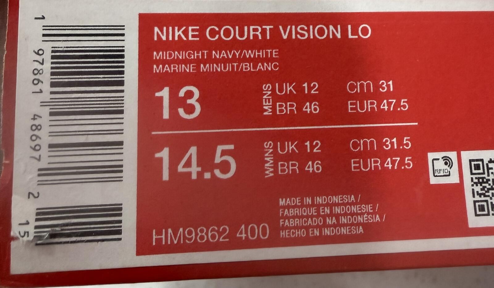 Nike Court Vision Lo Midnight Navy White Men Size 13 Low-Top Sneaker HM9862-400