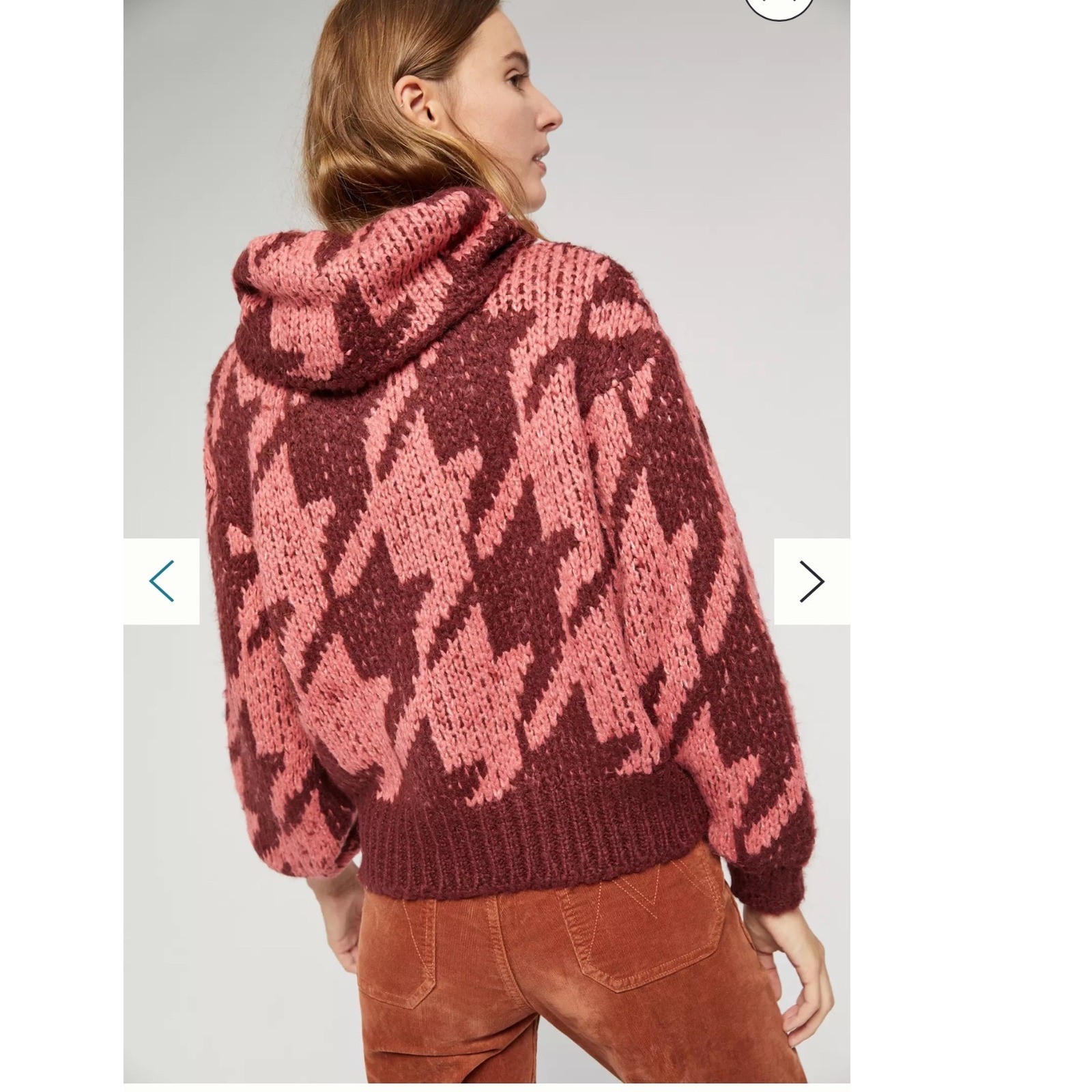 Anthropologie Houndstooth Ginny Chunky Knit Cowl Sweater Burgundy Pink Small