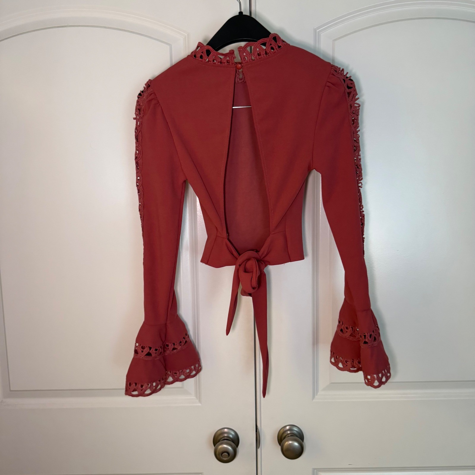 Saints + Secrets Rust Crochet Lace Open Back Tie Crop Top Bell Sleeve XS