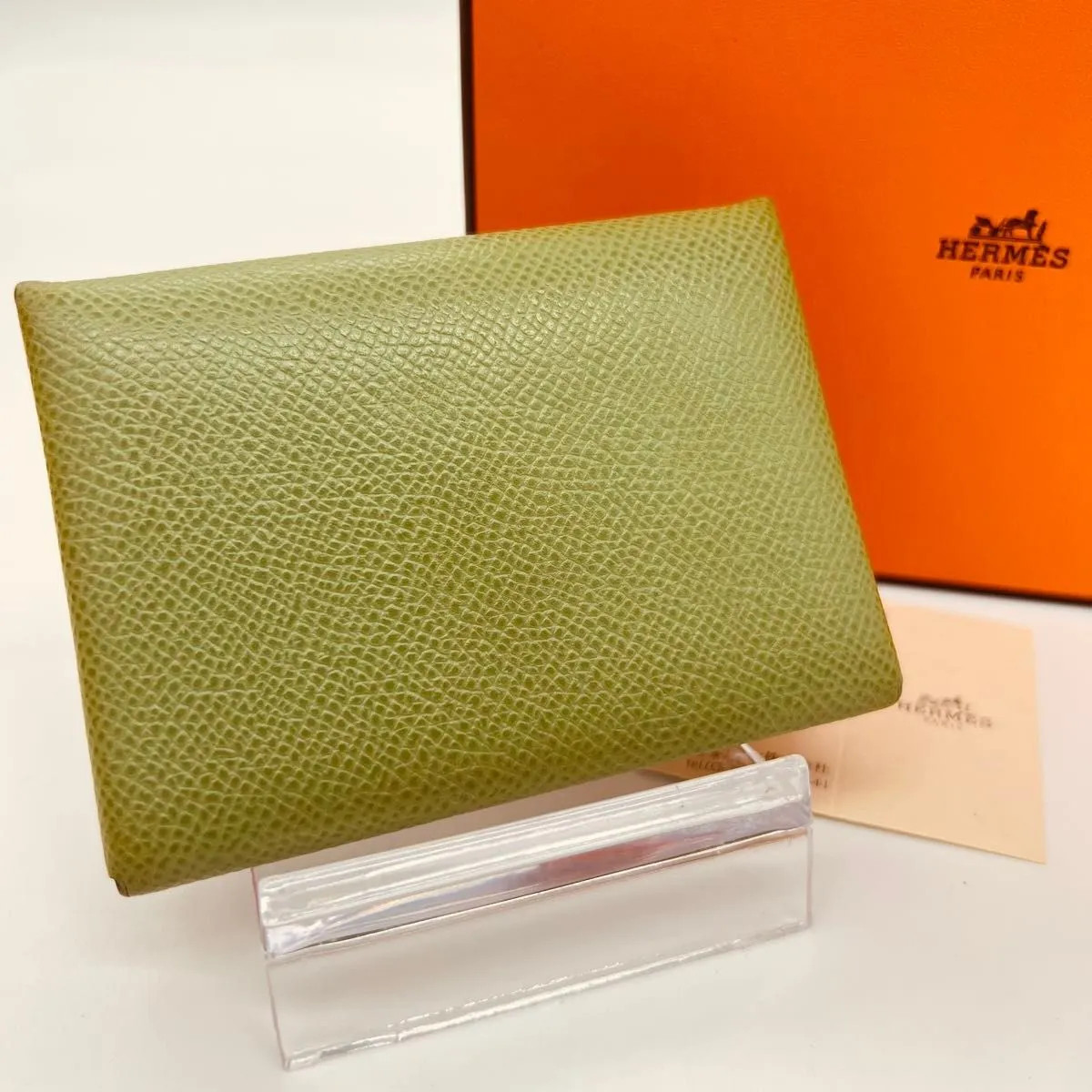 HERMES Calvi Duo Coin Card Case Green Leather Silver Hardware