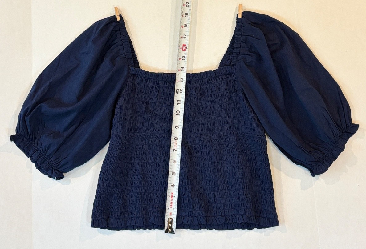 LOFT Navy Blue Smocked Puff Sleeve Blouse Women’s Large L Peplum Square Neck Top