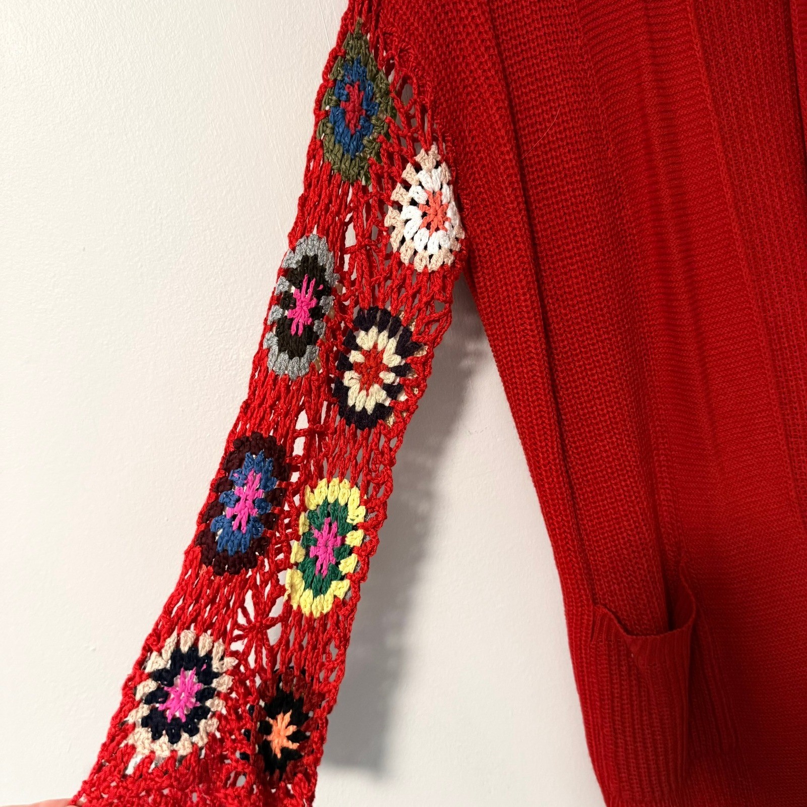 Blakeley Red Crochet Granny Square Sleeve Open Front Cardigan Sweater OS Womens