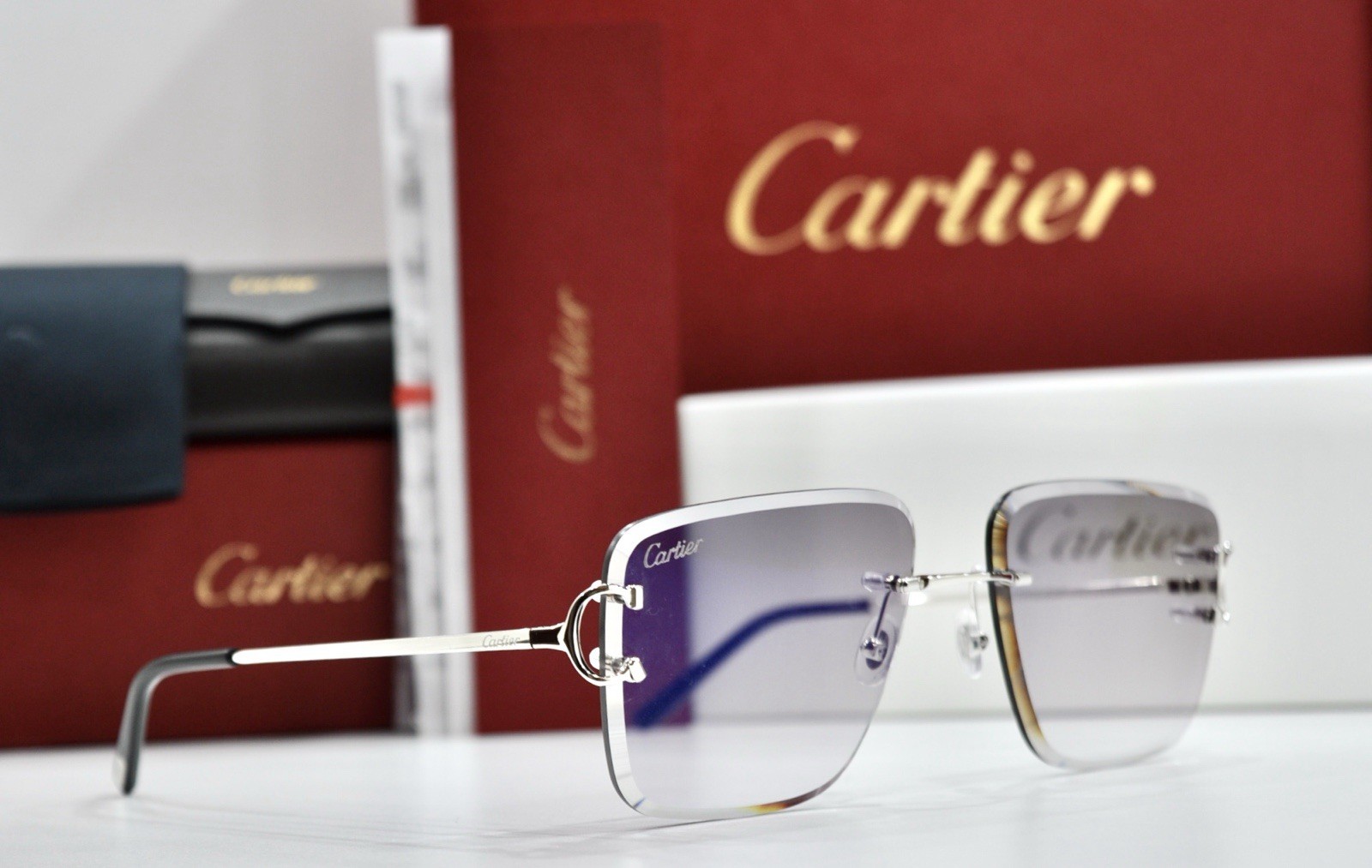 Cartier rimless sunglasses piccadilly glasses Diamond Cut BIG C silver Frame